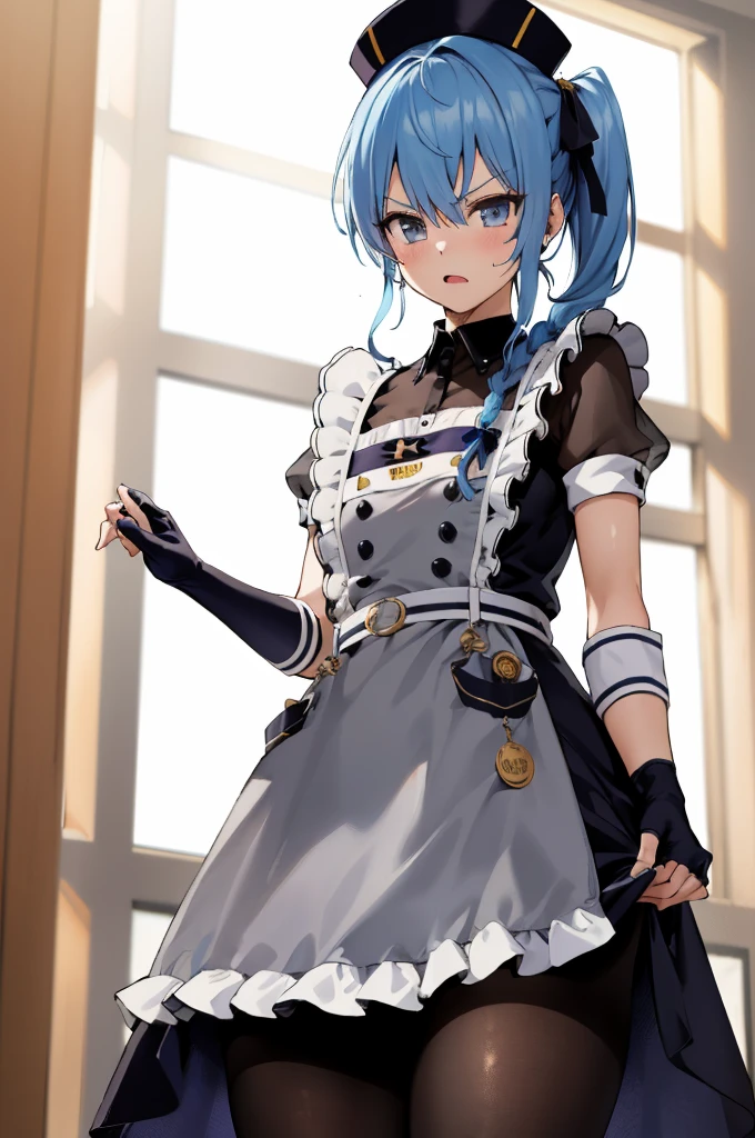 1girl, solo, detailed face, , , SuiseiMaid, long hair, single braid, black nurse cap, double-breasted grey apron, chest belt, elbow gloves, crinoline, black pantyhose,,,indoor,standing,looking viewer,side ponytail,small breasts,angry,(((lift skirt))),from below