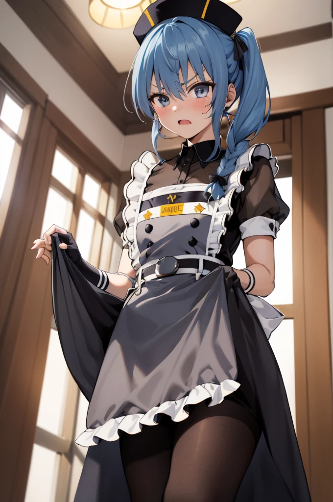 1girl, solo, detailed face, , , SuiseiMaid, long hair, single braid, black nurse cap, double-breasted grey apron, chest belt, elbow gloves, crinoline, black pantyhose,,,indoor,standing,looking viewer,side ponytail,small breasts,angry,(((lift skirt))),from below