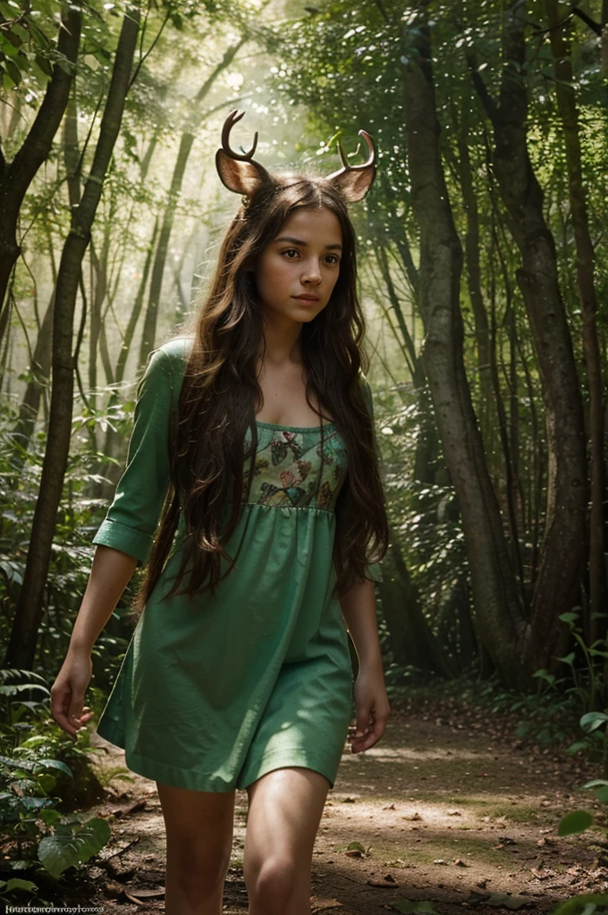 a young girl standing in a magical forest,able to communicate with animals,highly detailed portrait,beautiful nature scenery,lush green foliage,sunlight filtering through the trees,wildlife surrounding the girl,deer,rabbits,birds,squirrels,butterflies,best quality,8k,masterpiece,photorealistic,vivid colors,warm lighting,ethereal atmosphere,fantasy art,storybook illustration