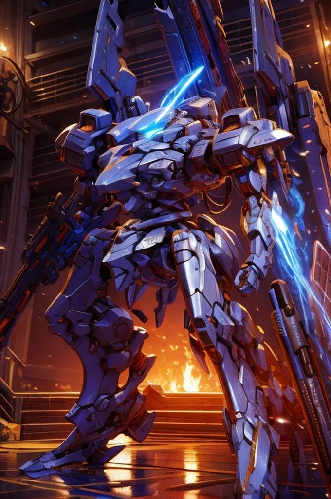 Obra de arte, melhor qualidade:1.7)Mech branco e azul com detalhes dourados, médio, segurando uma sniper azul grande. Realistic, Extremely detaild, 4K UHD, HDR, naturallight, cinematic lighting, masterpiece-anatomy-perfect, ultra HD, Space Combat, Battlefield, RAW photo, metallic, ultra-fine painting, perfect body proportions, anatomically correct, real texture material, Anti-Aliasing, TXAA, SSAO, Post Processing, Post Production, Tone Mapping, CGI, VFX, SFX, Hyper maximalist, ultra photorealultra-detailed intricate details.
