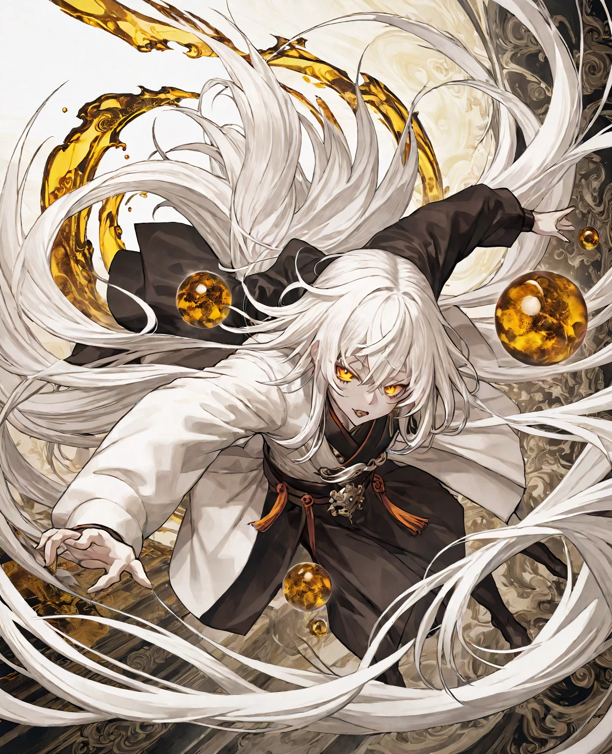 Ancient demon making a somersault into a chocheted dimension, long white hair, amber eyes, dynamic image,
esoteric, highly detailed, slightly influenced by manhua aesthetics.
