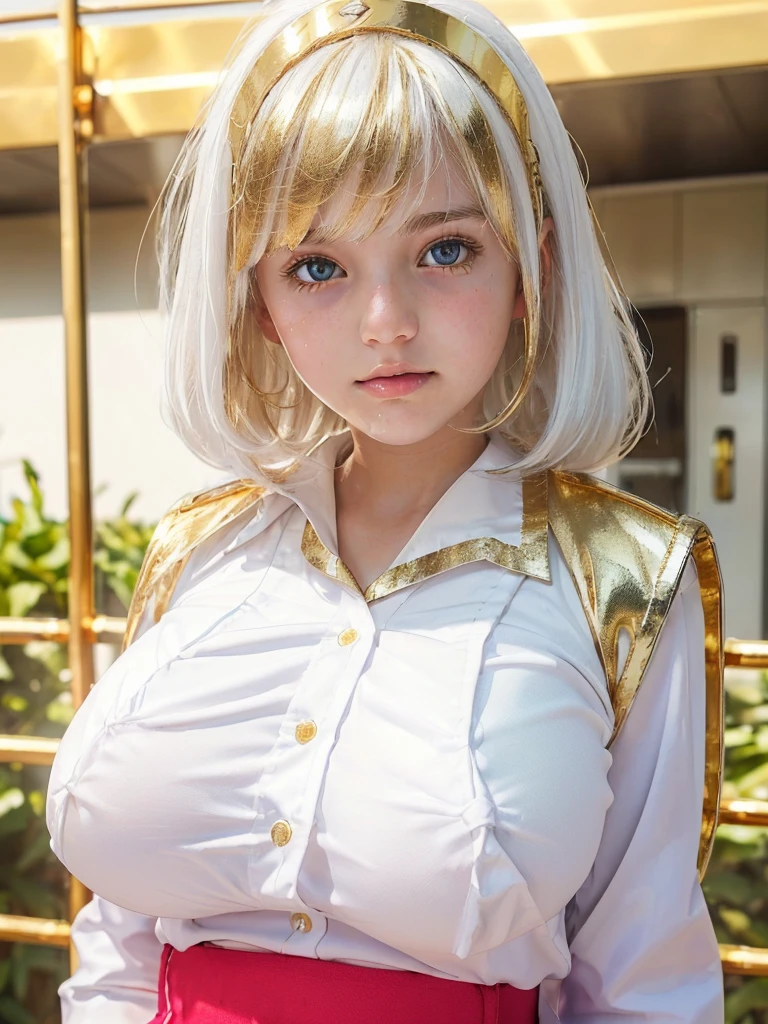 (shiny white skin:1.4),(a girl with big breast:1.6),(cute face:1.5) , (bangs:1.1),(grossly white hair :1.2) ,,(white blouse:1.4),(gold  high school uniform:1.5) 