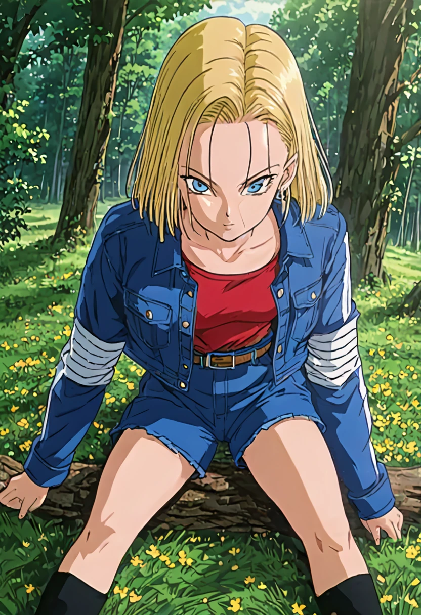 masterpiece, Detailed face, 
Android 18,  Buu Saga, , One girl, alone, View your viewers, short hair, blue eyes, Blonde, clavicle, 
Field, wood, forest, whole body, Hovering, 
Hollow, 
Black Shirt, Long sleeve, Striped sleeves, Hoop Earrings, shoes, オレンジ色のshoes下, belt, High waist pants,
 