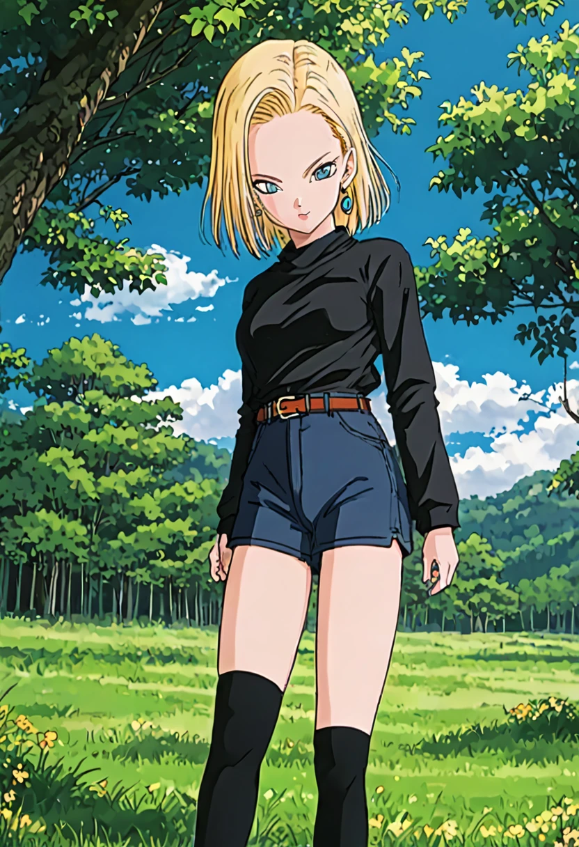 masterpiece, Detailed face, 
Android 18,  Buu Saga, , One girl, alone, View your viewers, short hair, blue eyes, Blonde, clavicle, 
Field, wood, forest, whole body, Hovering, 
Hollow, 
Black Shirt, Long sleeve, Striped sleeves, Hoop Earrings, shoes, オレンジ色のshoes下, belt, High waist pants,
 