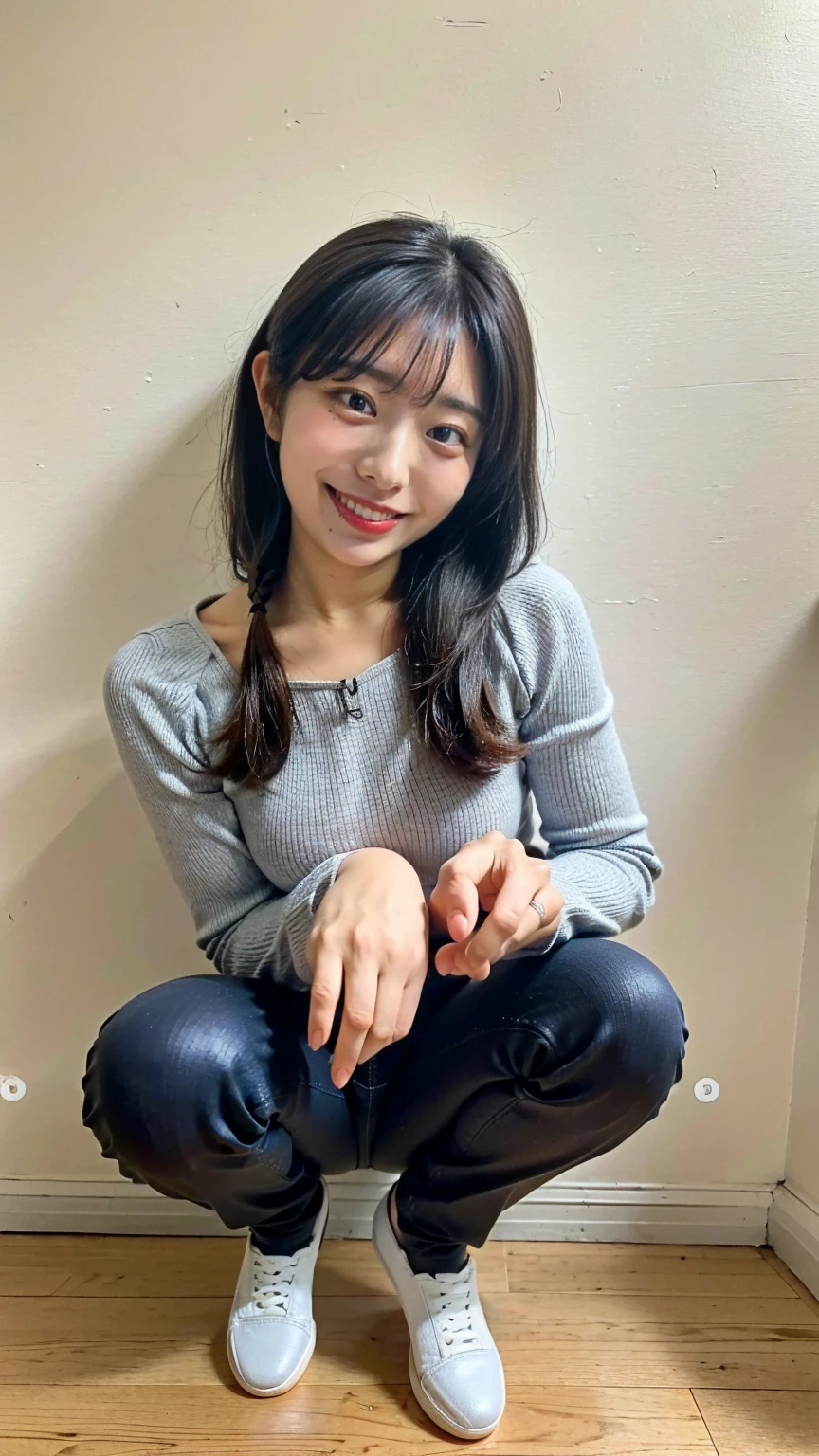 (8K、RAW Photos、Highest quality、masterpiece:1.2)、(Realistic、Realistic)、1 Girl、((Popular clothing:1.2、Thin legs、whole body、View from the front、smile、Looking into the camera、Spread your legs while squatting))、cute