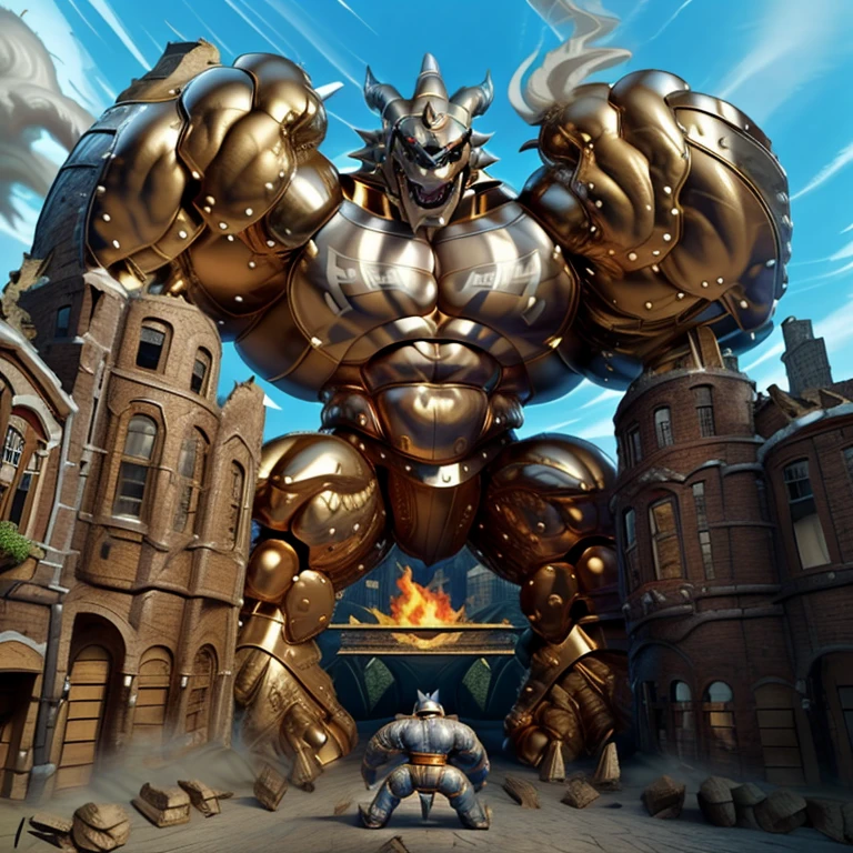 (Solo. masterpiece. official art. 8k. best quality. detailed full body. full body.)
(situation 1 : dominating exveemon. exveemon is over 1000 meters long. focus GIANT mechanical Muscular exveemon is trampling the city. Looking down. macro. stomp. Low-angle perspective. emphasizing the immense size. He is much bigger than a skyscraper. Giga Giants. looking down. foot focus, (soles:1.2))
(situation 2 :smoke and flames rising from the destruction in the city)
(Additional details 1: wearing a full-face helmet. golden armor. Armored Flazzard. Armored_Flazzard. high-tech bio-mecha armor. real texture material. whole body shines like metal.).
(Additional details 2: (Detailed head. Detailed Body. Detailed abs. gigantic muscles. HYPER MUSCLES. Gigachad Muscular. big muscle. pecs. triceps. traps. unusually developed muscular body. body full of huge muscles. showing off muscles. pectorales enormes. Exaggeratedly huge muscles. huge muscles. long legs.).
(Additional details 3: Spread wings. It has wings. have big wings. The claws are sharp. Sharp teeth).