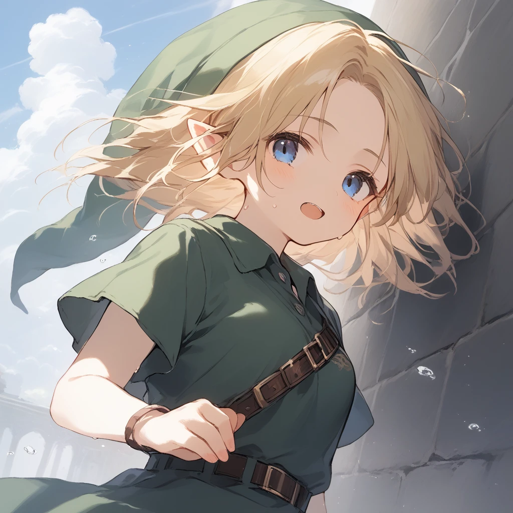 score_9, score_8_up, score_7_up, source_anime, best quality, masterpiece, official art, absurdres, highres, ultra-detailed,waifu2x,Collection: Slice of Life,break,1girl, YoungLink,-yeld, sl breasts, blonde hair, green tunic, pointy ears, hat, solo, blue eyes,green_headwear belt, sword, sweat, open mouth, sleepily, meadow, outdoors, wind,break,(clear line illustration:1.2), super detailed skin,very high resolution, very aesthetic, Best sexual lighting powered by famous artist, 8k,cute picture,beauty illustration,photoshop_(medium),,(Detailed Lighting),best anime 8k konachan wallpaper, pixiv contest winner, 