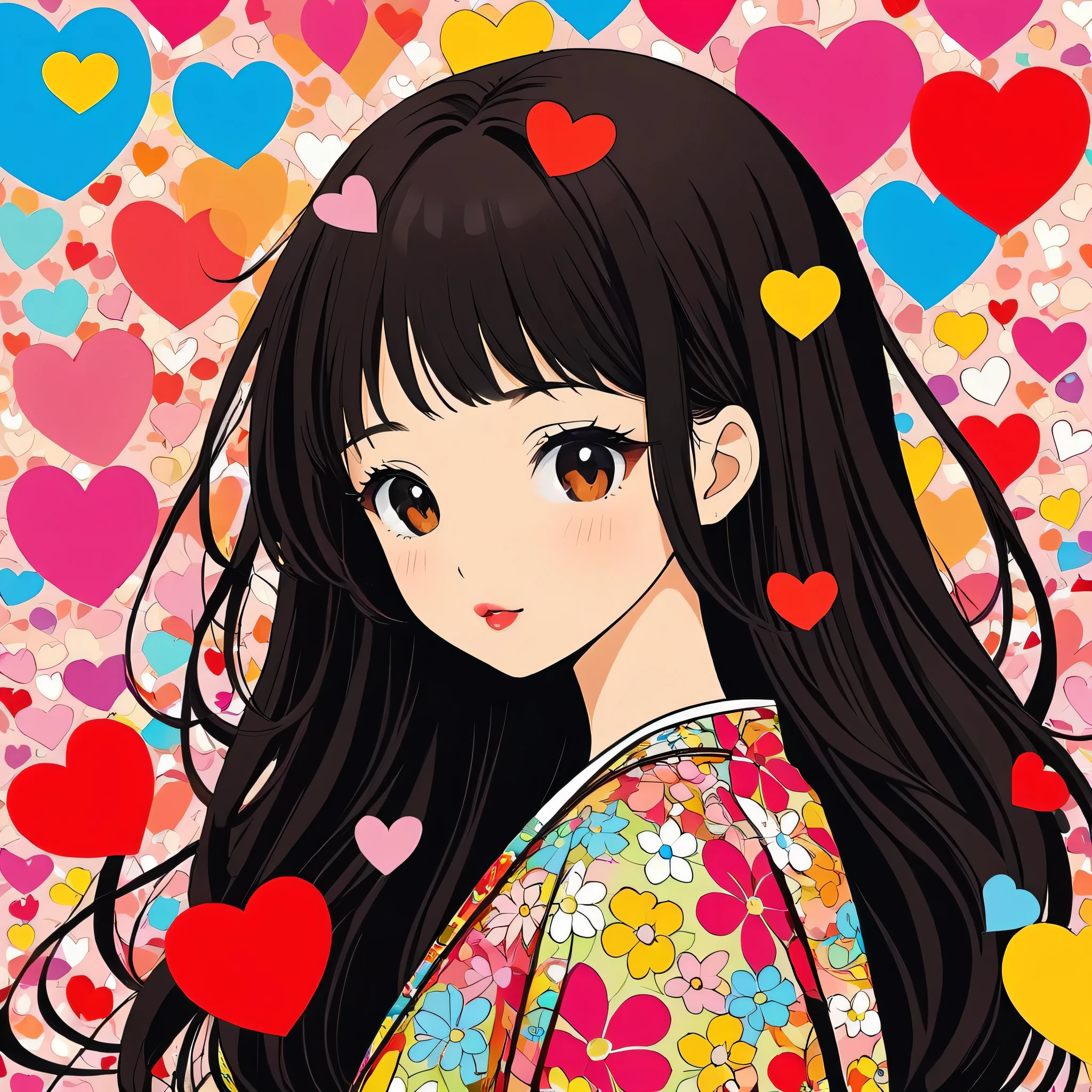 Takashi Murakami style, Simple Line Initialism,Abstract art,Urban Background, colorful hearts ,(((The most beautiful girl of all time))), Sweet face, Lips in love