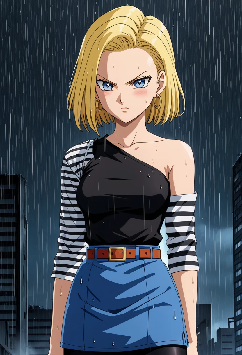 sauce_anime, score_9, score_8_superior, score_7_superior, anime screencap,
Detailed face, Android 18, Classic look, One girl, alone, View your viewers, short hair, blue eyes, Blonde, clavicle, Are standing, arms by side, anger, Cowboy Shot, City in Ruins, Wet Hair, rain, Torn Shirt, One shoulder exposed, Hoop Earrings, Black Shirt, Striped sleeves, belt, Denim skirt, Black Pantyhose, Messy Hair, 
