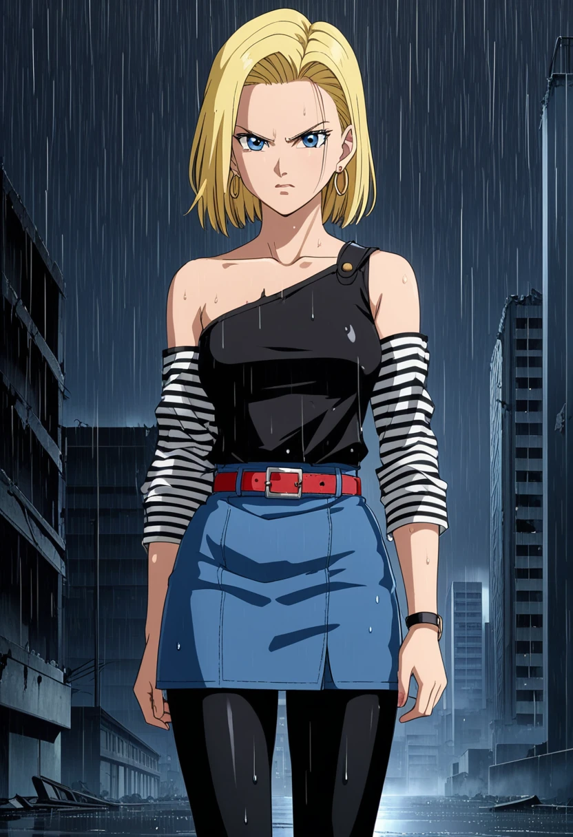 sauce_anime, score_9, score_8_superior, score_7_superior, anime screencap,
Detailed face, Android 18, Classic look, One girl, alone, View your viewers, short hair, blue eyes, Blonde, clavicle, Are standing, arms by side, anger, Cowboy Shot, City in Ruins, Wet Hair, rain, Torn Shirt, One shoulder exposed, Hoop Earrings, Black Shirt, Striped sleeves, belt, Denim skirt, Black Pantyhose, Messy Hair,