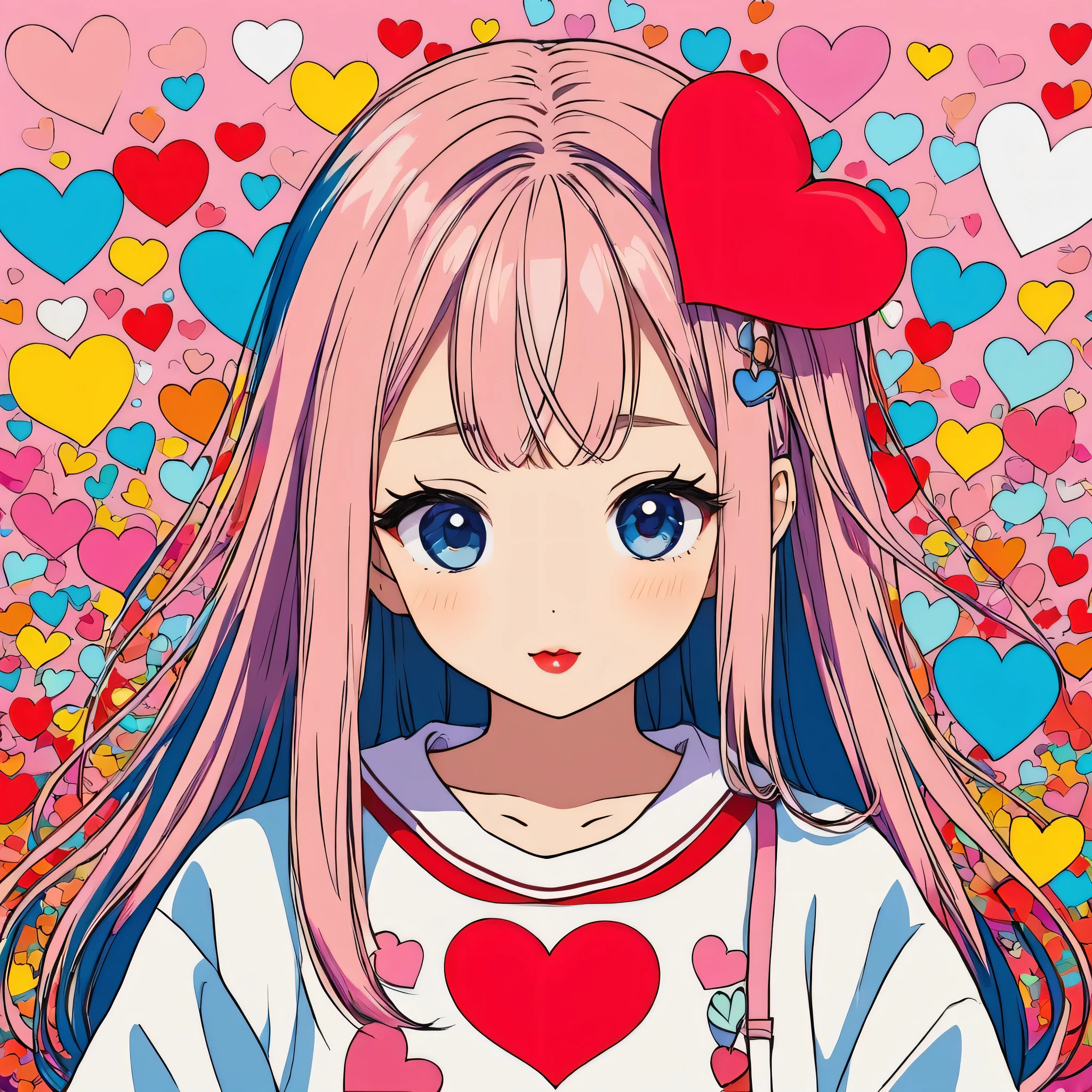 Takashi Murakami style, Simple Line Initialism,Abstract art,Urban Background, colorful hearts ,(((The most beautiful girl of all time))), Sweet face, Lips in love