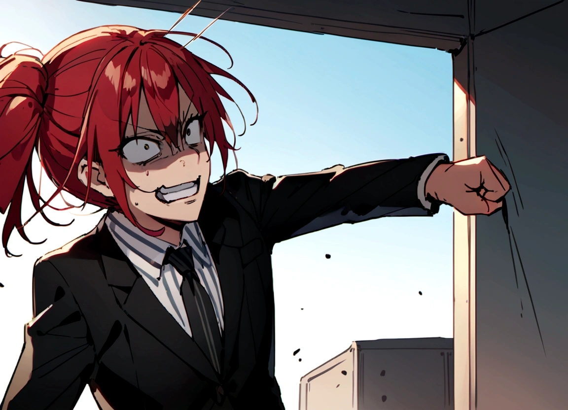 Red hair、Black suit、punch、Scary smile、office、Daytime、punching,Front facing,Momentum、Front facing