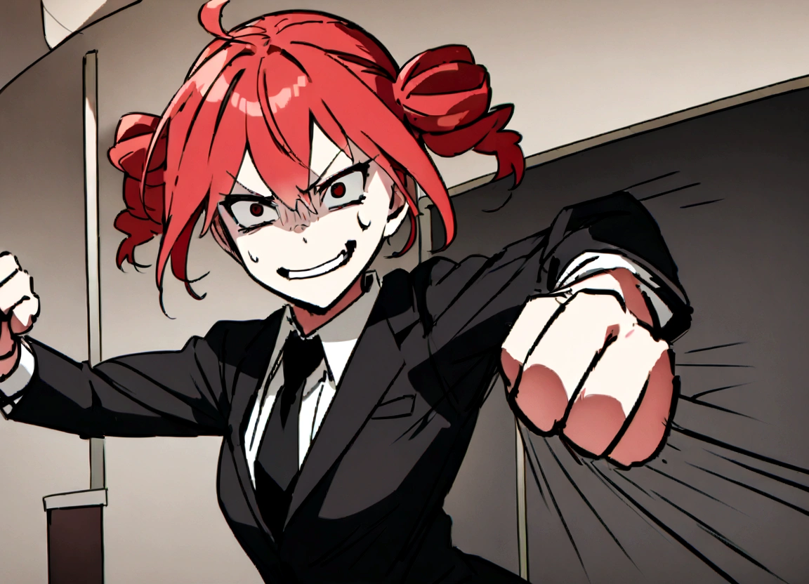 Red hair、Black suit、punch、Scary smile、office、Daytime、punching,Front facing,Momentum、Front facing