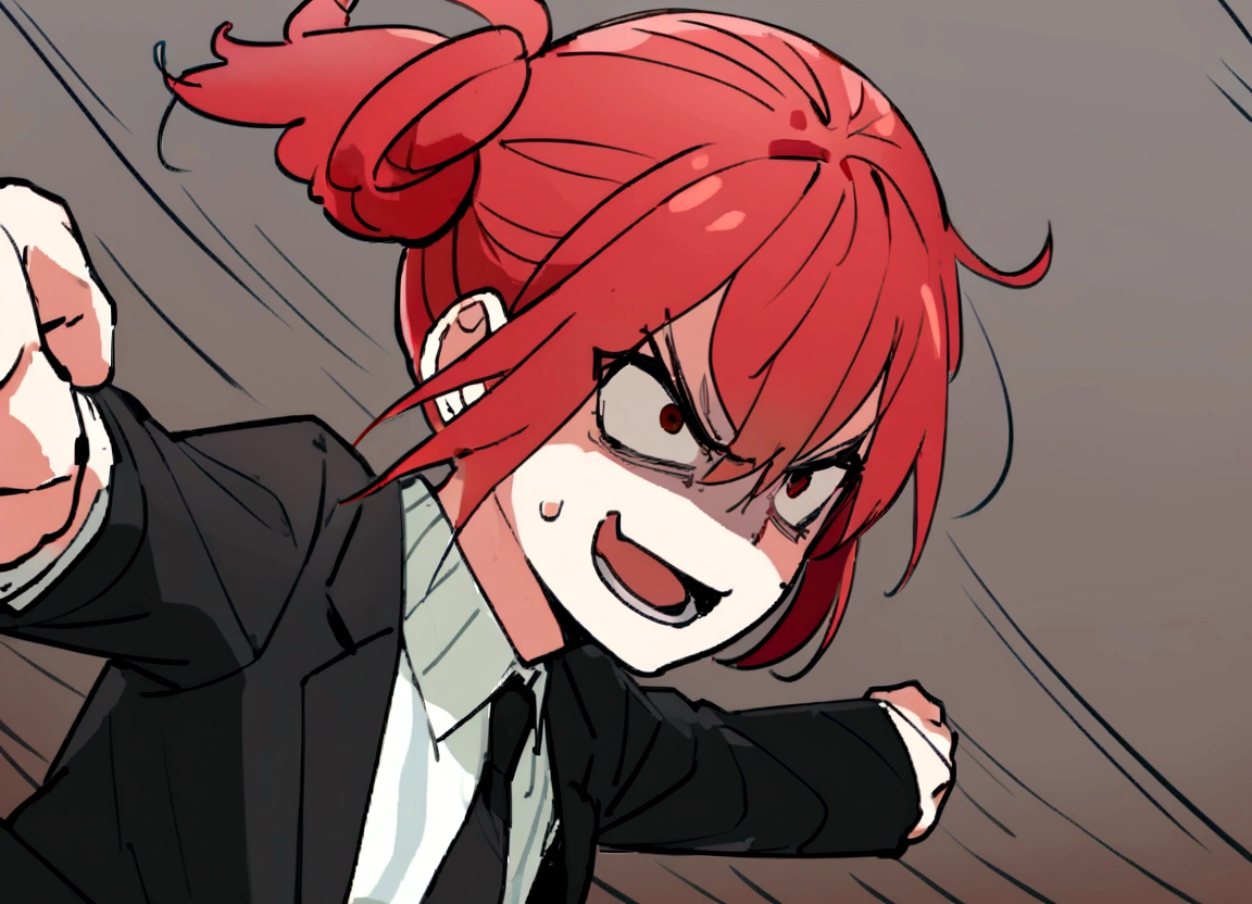 Red hair、Black suit、punch、Scary smile、office、Daytime、punching,Front facing,Momentum、Front facing