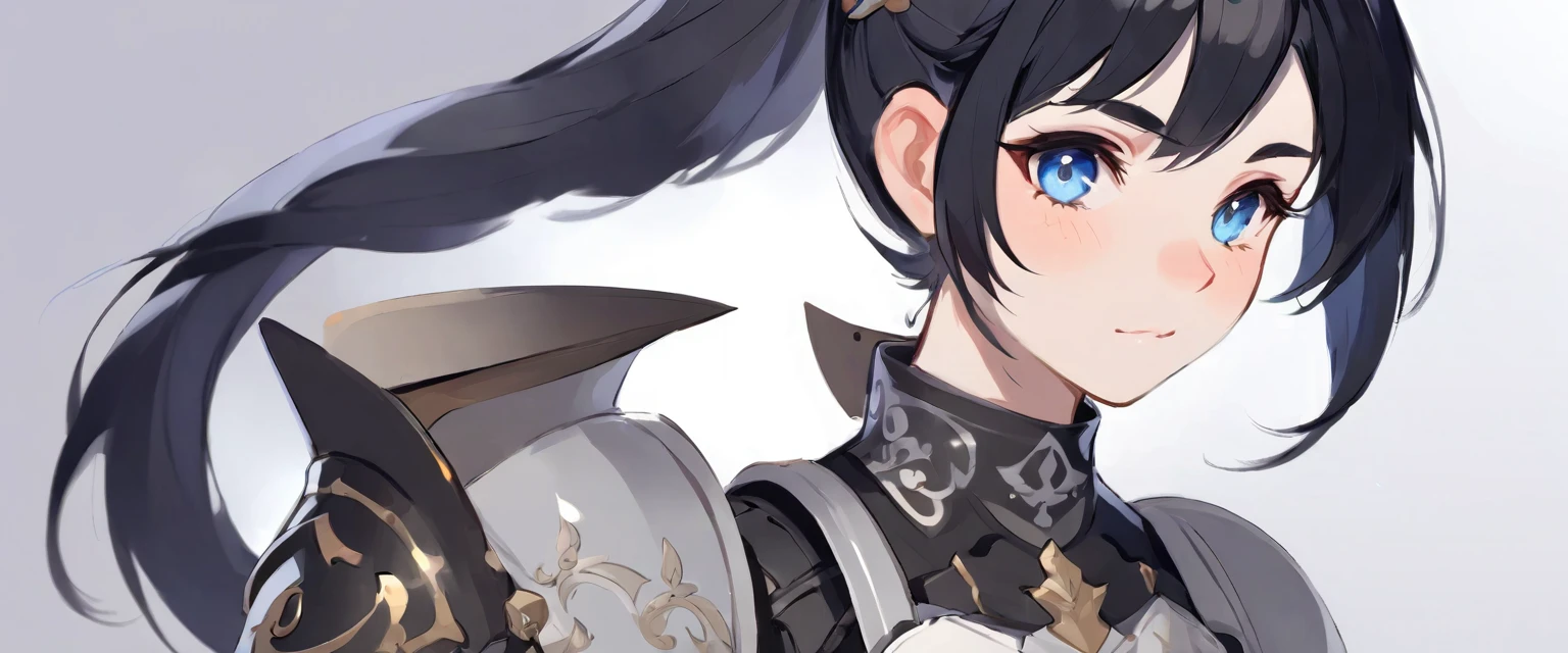 girl with black hair tied into a ponytail, wearing maid armour, genshin, warrior, fair skin, glowing skin, freckles,