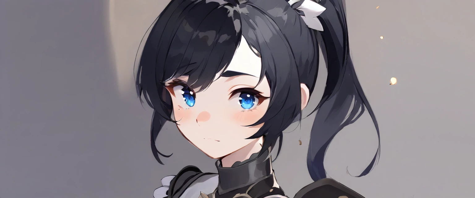 girl with black hair tied into a ponytail, wearing maid armour, genshin, warrior, fair skin, glowing skin, freckles,