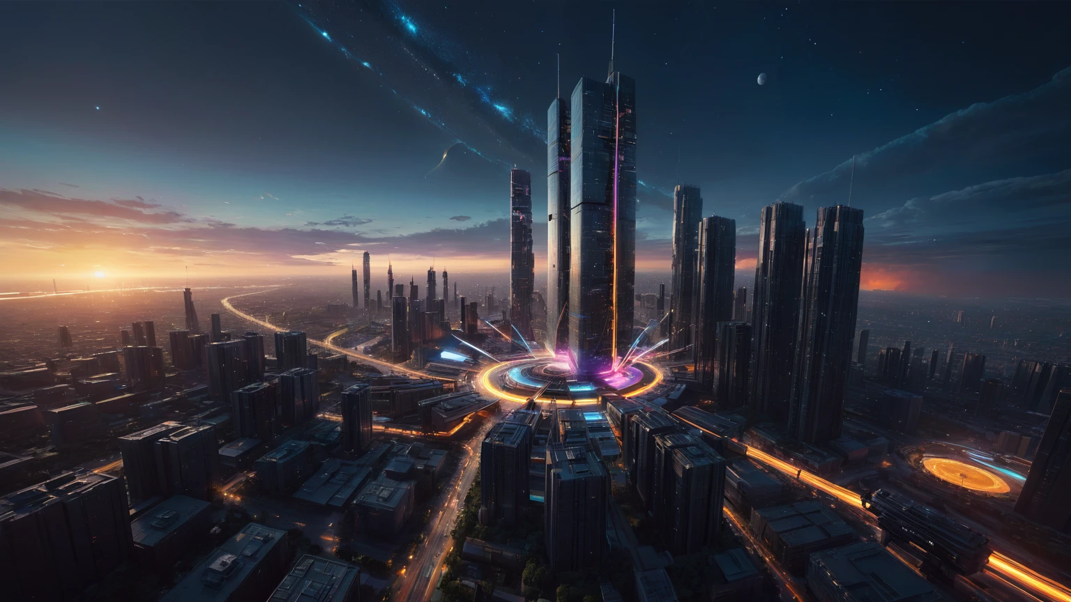 aerial view. brightly colored abstract image of a space station with a spiral, epic beautiful space scifi, chaotic cinematic space rift, greg beeple, planets colliding, beeple and tim hildebrandt, beeple and jean giraud, end of the universe, galaxy space sci-fi, ringworld, by Mike "Beeple" Winkelmann. Matrix style, (((((Matrix cascading code))))), (((((a futuristic twin tower skyscraper with a unique twisted design))))), (((((OLED GUI interfaces in the building))))), at night, (((((1girl, solo))))), photo realistic, (((large-breast:1.2 slim body, cleavage))), (((off broken mini sling-shirt and black sling bra, extreamly short pleated miniskirt exposing panty))), (((((running pose))))), (((((matrix style black sunglasses))))), ((((((((((aiming with a short gun)))))))))), (((((looking at camera))))), (((very low view))), (((((half-body thigh level medium shot))))), (((cinematic lighting))).