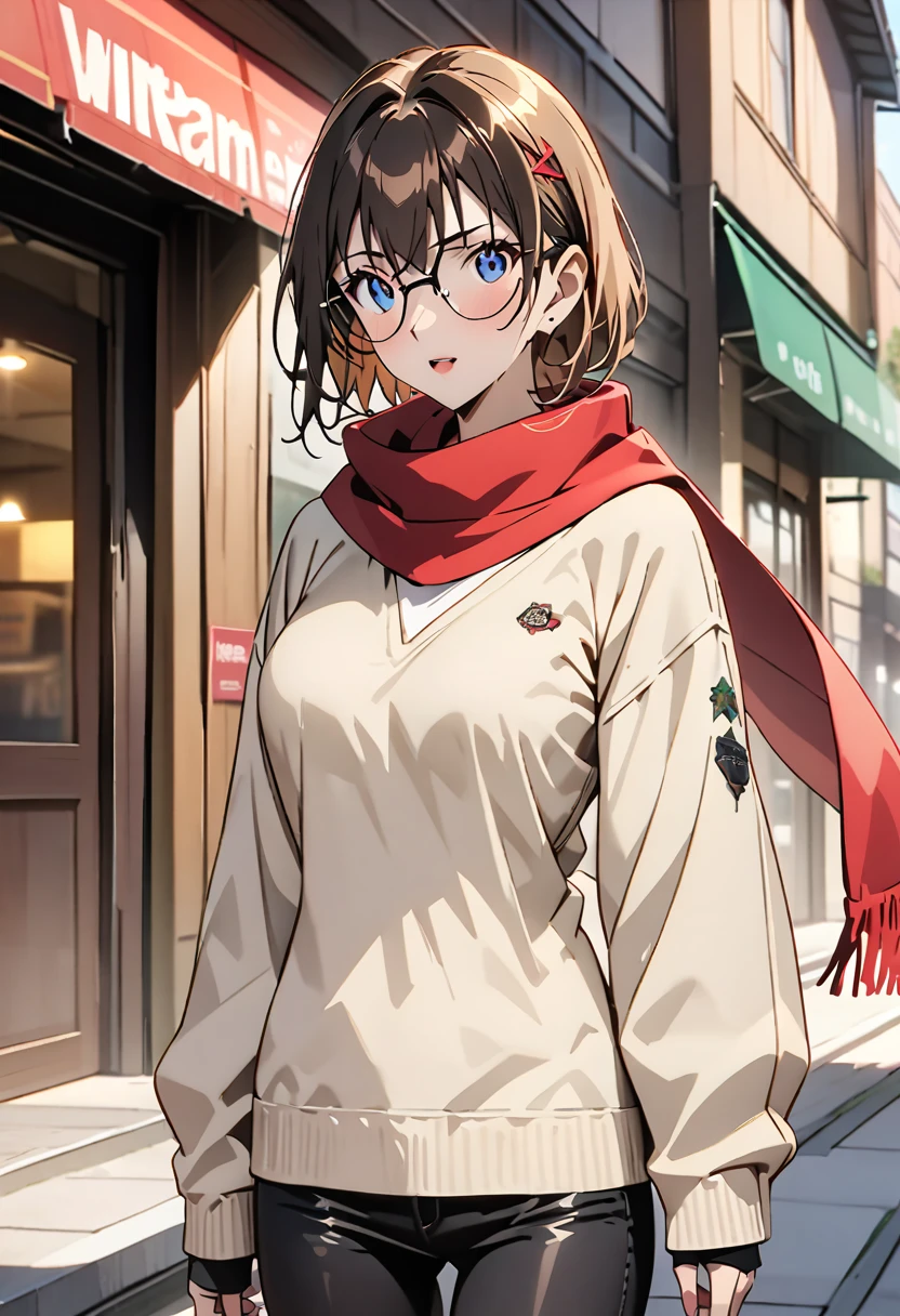 （best quality，4K，8K，high resolution，masterpiece：1.4），Ultra Detailed，Detail face：1.3，White sweater，red scarf，wear glasses，Perfect body，Large Breasts，Fashion，winter，Snowflakes falling，Anime style