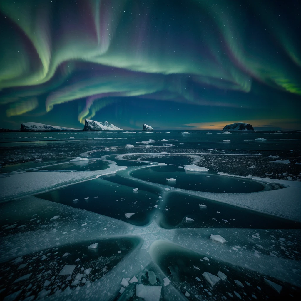 A beautiful ice landscape in Antarctica with a northern lights and a sea with small pieces of ice scattered.