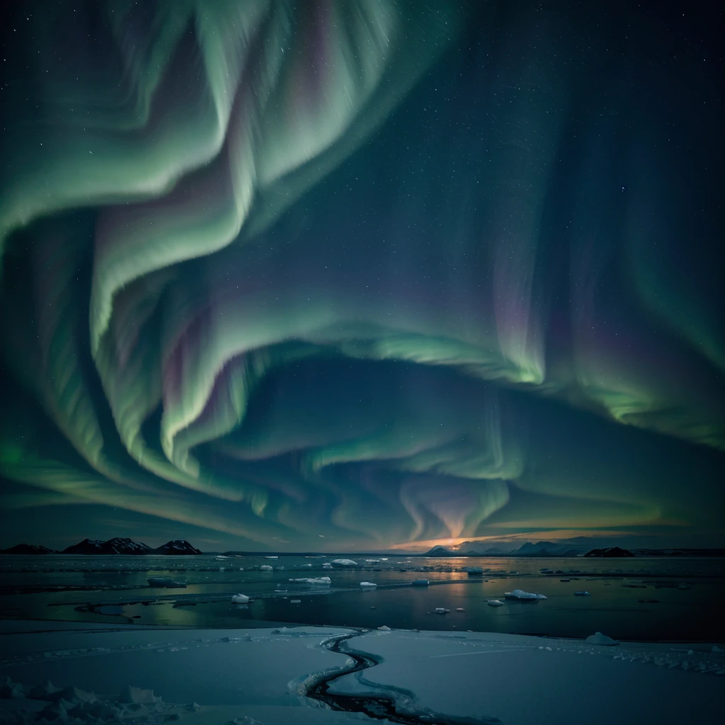 A beautiful ice landscape in Antarctica with a northern lights and a sea with small pieces of ice scattered.