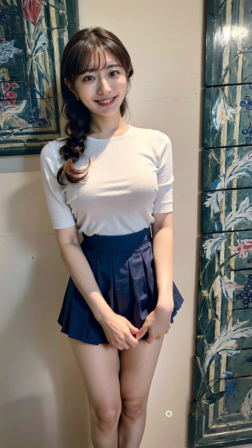 (8K、RAW Photos、Highest quality、masterpiece:1.2)、(Realistic、Realistic)、1 Girl、((Popular clothing:1.2、Thin legs、whole body、View from the front、smile、Looking into the camera、Hold your skirt with both hands and show me your panties))、cute