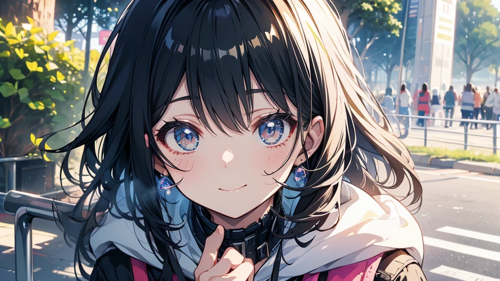 There is a girl in a park with a rainbow。Looking at me and smiling