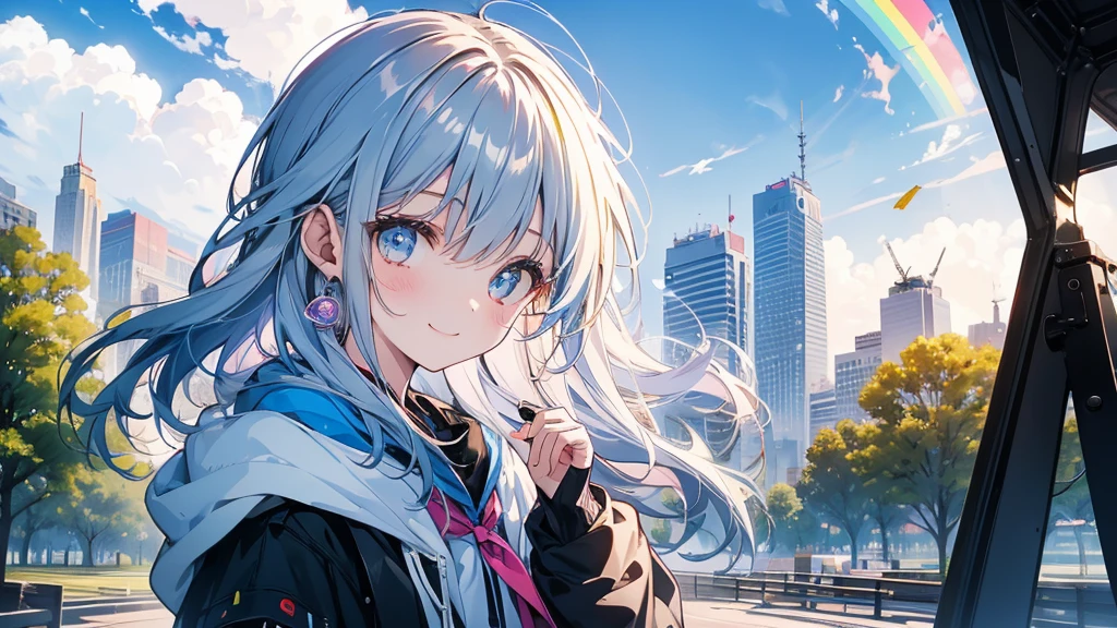 There is a girl in a park with a rainbow。Looking at me and smiling