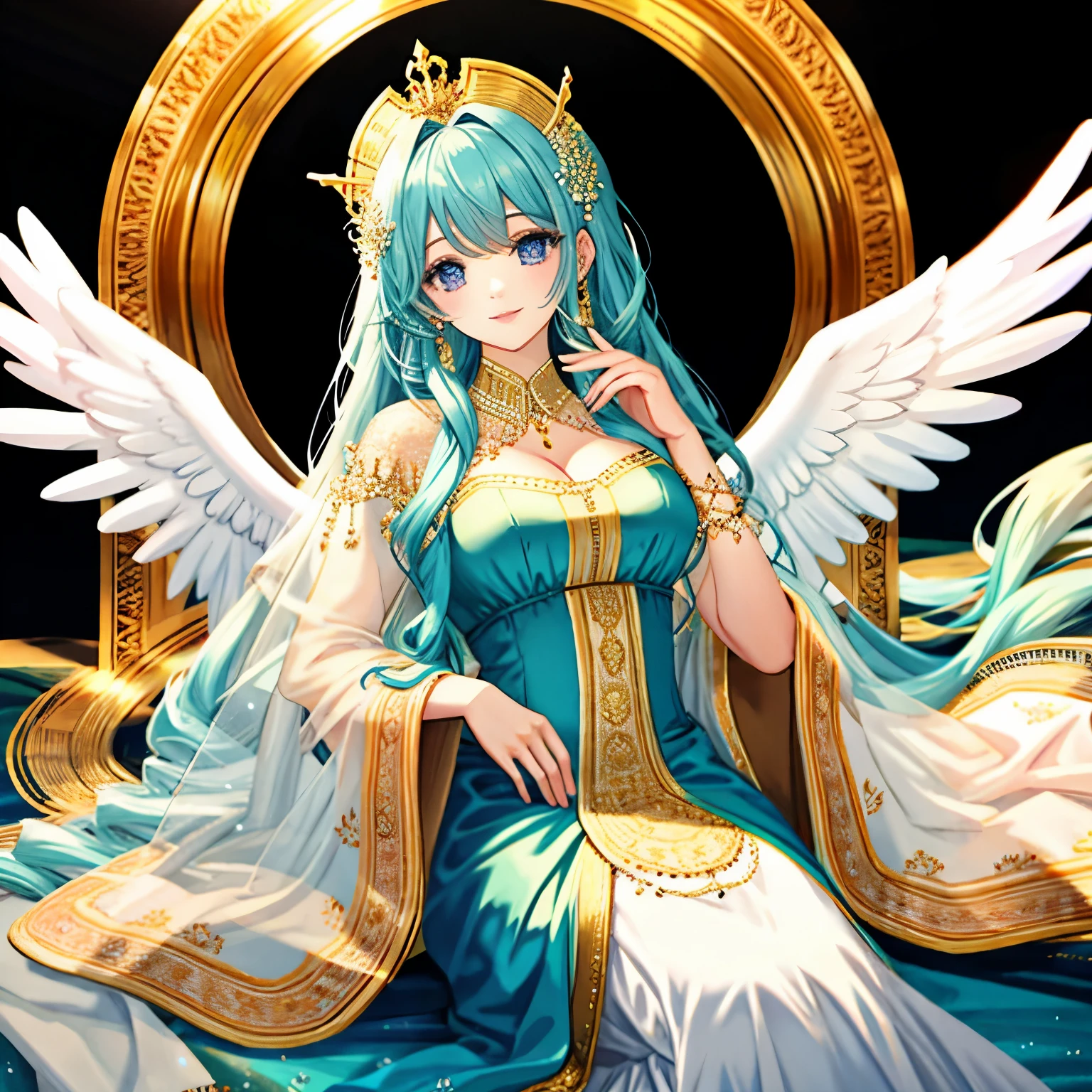 **Illustration Enhancement**: masterpiece, best quality, **ultra-detailed**, **ultra high resolution**, Top Quality photorealistic Illustration, **Ultra Definition**, cute illustration:1.3, high Saturation:1.2, detailed beautiful face and eyes, extremely delicate and beautiful, nice hands, perfect hands, appropriate posture, appropriate configuration, ideal ratio body proportions BREAK
**Theme**: peace and tranquility, improving living standards, prosperity BREAK
**Number of Characters**: ultra-ultimate beautiful BREAK
**Facial Details**: bright expressions, intricate features, high emotional expression BREAK
**Movement Details**: graceful and flowing movements BREAK
**Emotions and Expressions**: smiles that convey happiness and comfort BREAK
**Perspective**: direct gaze towards the observer BREAK
**Composition**: balanced and eye-catching arrangement BREAK
**Background Details**: peaceful natural environment, thriving life BREAK
**Costume Details**: elegant with intricate decorations, luxurious materials BREAK
**Body Type**: cleavage, waistline, feminine curves BREAK
**Wings, Horns, Tail**: **a pair of angelic wings**, mystical horns, decorative tail BREAK
**Hair Style and Color**: flowing long hair, lustrous color BREAK
**Accessories**: items symbolizing peace BREAK
**Light and Shadow**: soft lighting effects, realistic shadows BREAK
**Color Scheme**: gold, blue, green, light blue, yellow, silver, deep red, pink, wine red, dark brown, light purple BREAK
**Illustration Size**: 768×768 BREAK
**Illustration Atmosphere**: warm and inviting BREAK
**Additional Details**: beauty and delicacy in every detail BREAK
**Worldview**: an ideal and beautiful world BREAK
**Style**: realistic yet containing fantastical elements BREAK
**Power Words**: creative innovation, unique visual elements, cultural sensitivity, environmental impact, references to history and mythology, allegorical elements, technical constraints and possibilities, interaction design, sust