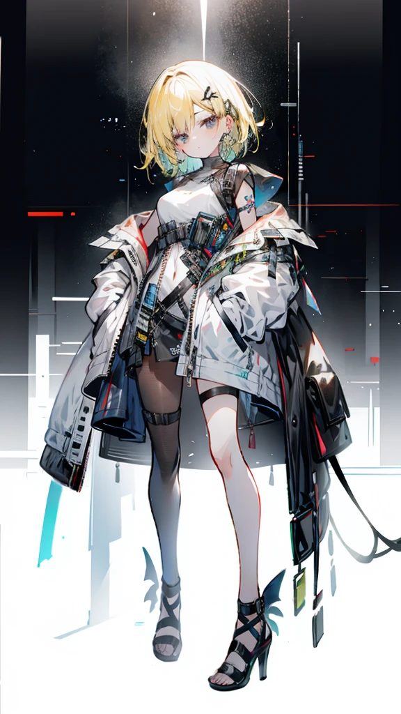 1 girl, short yellow hair, cyberpunk, Alice in Wonderland, black high heels, hand in pocket, best quality, 4k, 8k, highres, masterpiece:1.2, ultra-detailed, realistic, photorealistic, photo-realistic:1.37, HDR, UHD, studio lighting, ultra-fine painting, sharp focus, physically-based rendering, extreme detail description, professional, vivid colors, bokeh, concept art