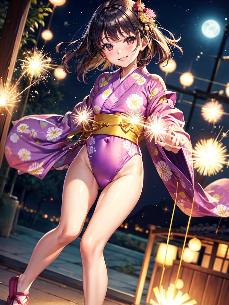 Highest quality,Highest Resolution,(((Yukata leotard)))Beautiful smiling girl,Night view,Sparkler,High leg,Yukita,