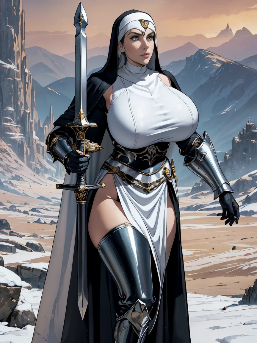 (masterpiece, top quality, best quality, official art, beautiful and aesthetic:1.2), (1girl:1.3), ((Sharp facial features, sharp features, hawkish features)), ((blue eyes)), busty brunette paladin knight girl, extremely detailed, portrait, looking at viewer, solo, (full body:0.6), detailed background, full-body shot, (warm mountain meadow theme:1.1), holy knight, (nun), charlatan, smirk, mysterious, swaying in mountains, armor, polished metal, gold trim, long boots, white fabric, pelvic curtain, robe, pale leather, ((((nun, greatsword, corona, holy aura, heavy armor, armored, long legs, pelvic curtain, toned, muscular)))), slim waist, slim hips, long legs, medieval (mountain exterior:1.1) background, dark mysterious lighting, shadows, magical atmosphere, dutch angle