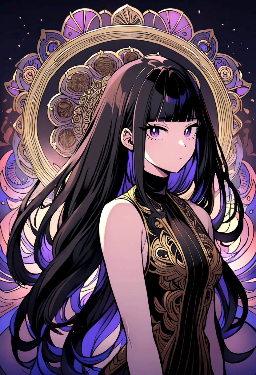 a pretty teenage girl with black hair with purple tips and loose hair bangs, with an all-black sleeveless and high-necked suit MY HERO ACADEMIA STYLE