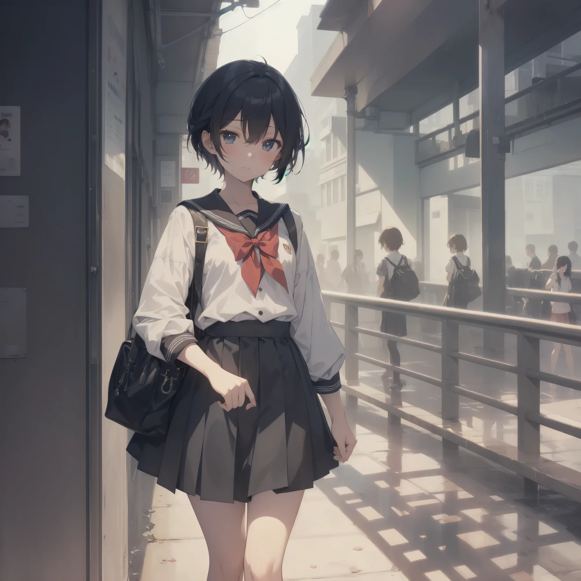 ultra-absurdres-Top quality by artist God, ultra-detailed, high resolution, anime moe artstyle, best anime 8k konachan wallpaper, pixiv contest winner, pool:2810, perfect anatomy,break, 1girl, (Please draw a girl walking sleepily to school alone. )break,(Solo,little female, 13-year-old:1.3),Full limbs, complete fingers,a junior high school student, (very short hair), short cut, flat chest, , small butt, small black eyes, beautiful detailed eyes, well-proportioned iris and pupils, expressive eyes, highres detailed hair, soft expression, salor school_uniform, sailor collar, serahuku, bow, pleated skirt,(Detailed Lighting), (Detailed background), in the School commute route. break,super detailed skin, Best cinematic lighting powered by famous artist, 8k,beauty illustration,photoshop_(medium),very aesthetic,break,((artist:yuuji_(and) )), artist:clamp ,artist:carnelian ,artist:kantoku ,
