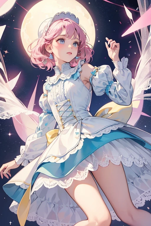 Aurore is seen wearing makeup; a pale amaranth nail polish that fades to light cerulean nail polish, light fuchsia lipstick, and a light brilliant cerise-colored blush. She wears a light blue mini dress that reaches slightly below her hips with short puffed sleeves with tiny white lace lining on the edge, a small yellow cloud pattern, a white Peter Pan collar, a white broad band around the waist, three layers of frilled edges at the hem, and small white lace lining at the dress openings and second frilled edge, and light yellow dress shoes with moderate amber soles. SPARKLE; GLITTER