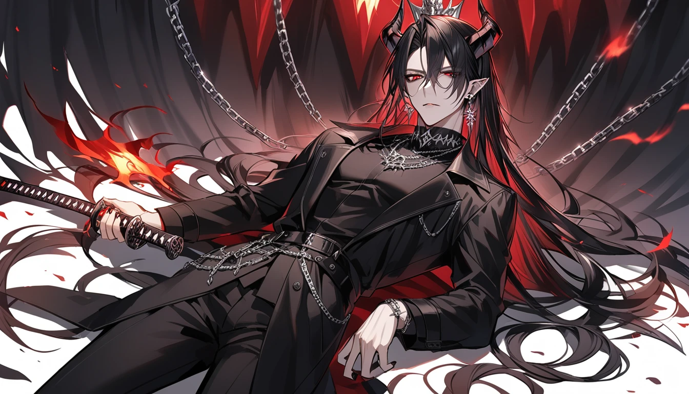 alone, good looking, 1 male, Long hair, Middle parted, Black hair, Red eyes, Black shirt, White Thailand, Black Trench Coat, Royal Silver Jewellery, Royal Demon Earrings, Black horns, Demon Crown, Demonic Katana, Chain, On Back, Demonic Black flames Aura, vtuber Character Design sheet