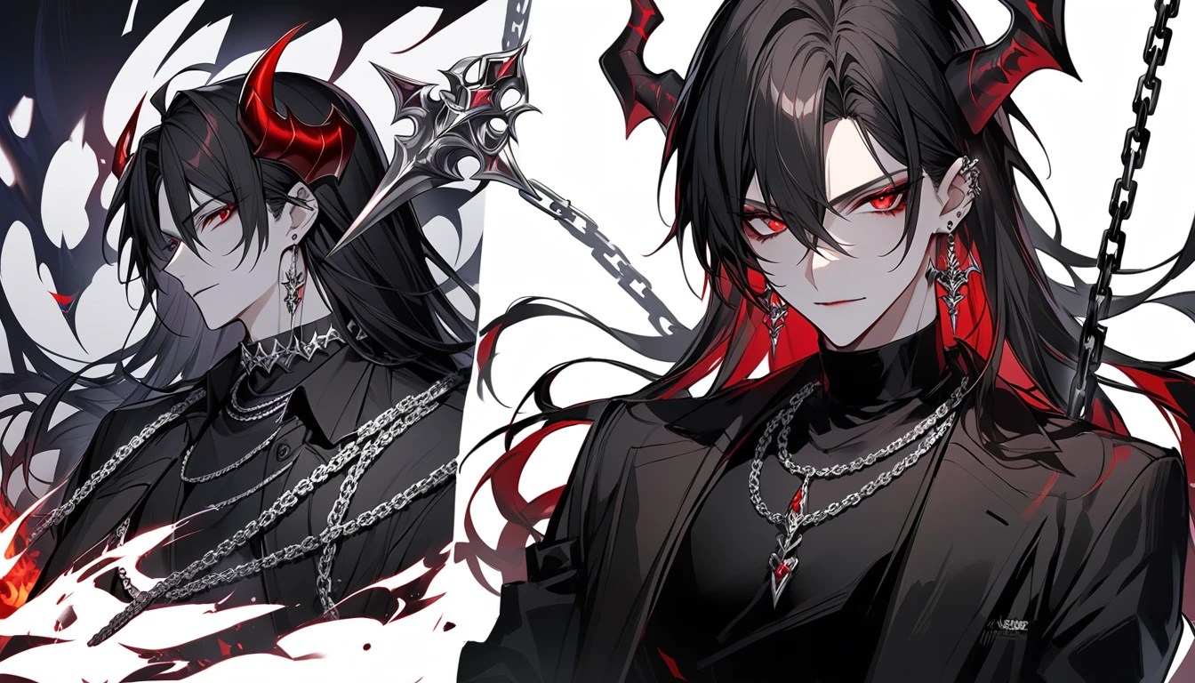 alone, good looking, 1 male, Long hair, Middle parted, Black hair, Red eyes, Black shirt, White Thailand, Black Trench Coat, Royal Silver Jewellery, Royal Demon Earrings, Black horns, Demon Crown, Demonic Katana, Chain, On Back, Demonic Black flames Aura, vtuber Character Design sheet