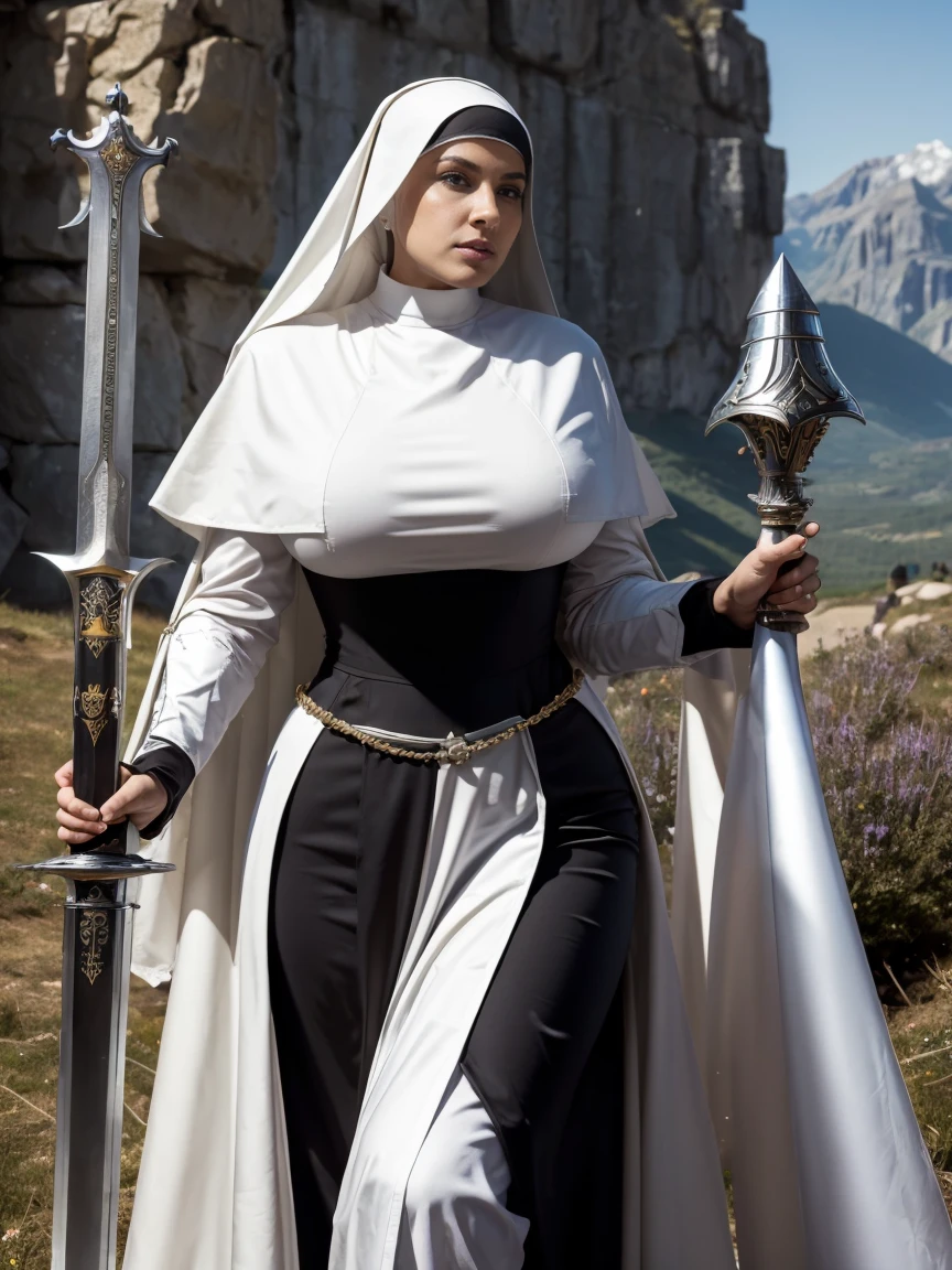 (masterpiece, top quality, best quality, official art, beautiful and aesthetic:1.2), (1girl:1.3), ((Sharp facial features, sharp features, hawkish features)), ((blue eyes)), busty brunette paladin knight girl, extremely detailed, portrait, looking at viewer, solo, (full body:0.6), detailed background, full-body shot, (warm mountain meadow theme:1.1), holy knight, (nun), charlatan, smirk, mysterious, swaying in mountains, armor, polished metal, gold trim, long boots, white fabric, pelvic curtain, robe, pale leather, ((((nun, greatsword, corona, holy aura, heavy armor, armored, long legs, pelvic curtain, toned, muscular)))), slim waist, slim hips, long legs, medieval (mountain exterior:1.1) background, dark mysterious lighting, shadows, magical atmosphere, dutch angle