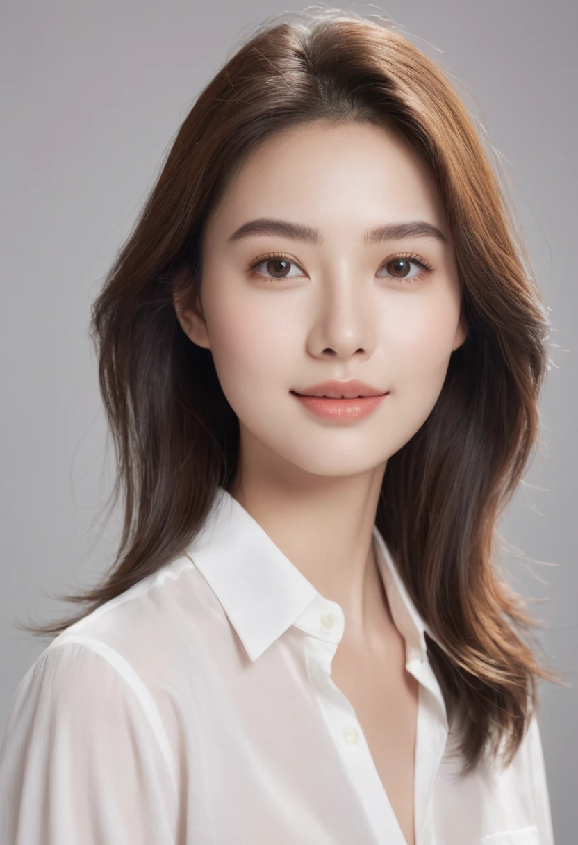 "Create a realistic image of a 22-year-old woman looking straight ahead. She has clear and smooth skin, with an even and healthy tone, no imperfections. Your hair is long, brown and wavy, falling gently on the shoulders. Her eyes are light brown, grandes e expressivos, with long eyelashes and well-defined eyebrows. She has an oval face, with slightly rosy cheeks and full lips with a subtle smile. She is wearing a simple white blouse, with light, natural makeup, highlighting your natural beauty. The background of the image is neutral, preferably light in color, to highlight your facial features. Lighting is soft and even, no harsh shadows, to enhance skin texture and facial details."