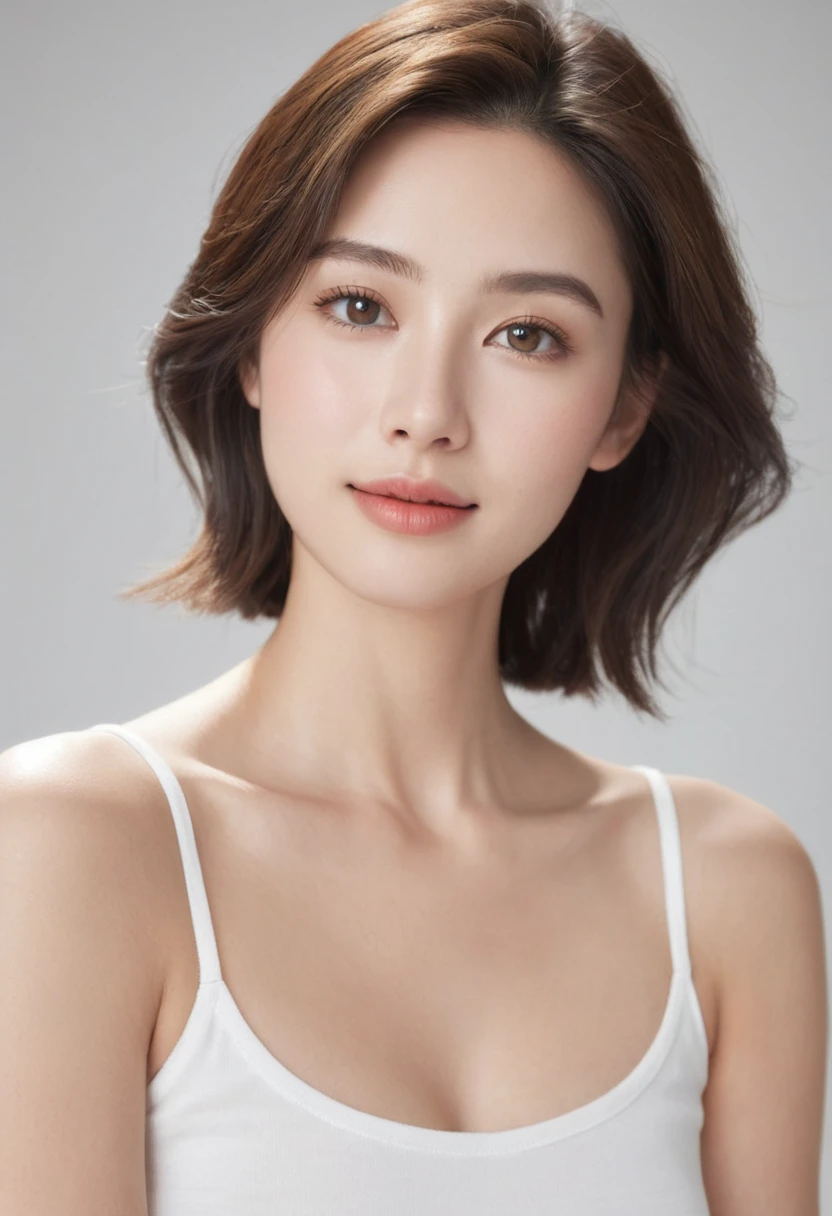"Create a realistic image of a 22-year-old woman looking straight ahead. She has clear and smooth skin, with an even and healthy tone, no imperfections. Your hair is long, brown and wavy, falling gently on the shoulders. Her eyes are light brown, grandes e expressivos, with long eyelashes and well-defined eyebrows. She has an oval face, with slightly rosy cheeks and full lips with a subtle smile. She is wearing a simple white blouse, with light, natural makeup, highlighting your natural beauty. The background of the image is neutral, preferably light in color, to highlight your facial features. Lighting is soft and even, no harsh shadows, to enhance skin texture and facial details."