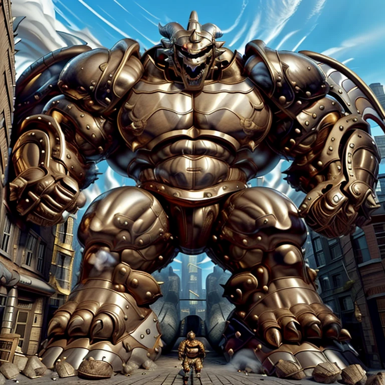 (Solo. masterpiece. official art. 8k. best quality. detailed full body. full body.)
(situation 1 : dominating exveemon. exveemon is over 1000 meters long. focus GIANT mechanical Muscular exveemon is trampling the city. Looking down. macro. stomp. Low-angle perspective. emphasizing the immense size. He is much bigger than a skyscraper. Giga Giants. looking down. foot focus, (soles:1.2))

(situation 2 :smoke and flames rising from the destruction in the city)

(Additional details 1: wearing a full-face helmet. golden armor. Armored Flazzard. Armored_Flazzard. high-tech bio-mecha armor. real texture material. whole body shines like metal. Wearing cyberpunk mecha. emphasizes the muscles. suit fully made of metal. intricate armor. Robotic suit. suit fully made of metal. cyborg. He is wearing a golden cloak.). FantasyKnightV1

(Additional details 2: (Detailed head. Detailed Body. Detailed abs. gigantic muscles. HYPER MUSCLES. Gigachad Muscular. big muscle. pecs. triceps. traps. unusually developed muscular body. body full of huge muscles. showing off muscles. pectorales enormes. Exaggeratedly huge muscles. huge muscles. long legs.).

(Additional details 3: Spread wings. It has wings. have big wings. The claws are sharp. Sharp teeth).