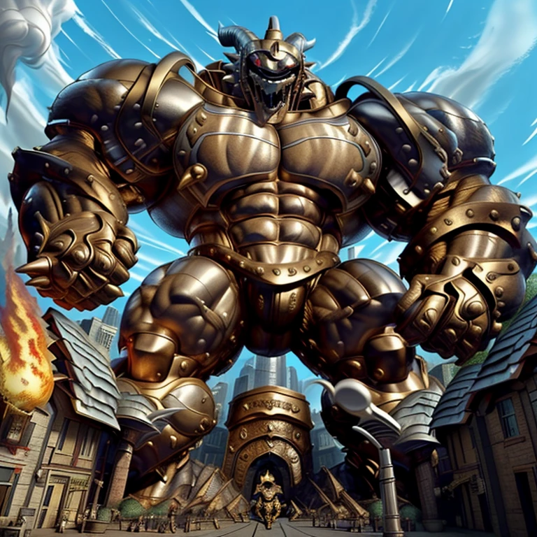 (Solo. masterpiece. official art. 8k. best quality. detailed full body. full body.)
(situation 1 : dominating exveemon. exveemon is over 1000 meters long. focus GIANT mechanical Muscular exveemon is trampling the city. Looking down. macro. stomp. Low-angle perspective. emphasizing the immense size. He is much bigger than a skyscraper. Giga Giants. looking down. foot focus, (soles:1.2))
(situation 2 :smoke and flames rising from the destruction in the city)
(Additional details 1: wearing a full-face helmet. golden armor. Armored Flazzard. Armored_Flazzard. high-tech bio-mecha armor. real texture material. whole body shines like metal. Wearing cyberpunk mecha. emphasizes the muscles. suit fully made of metal. intricate armor. Robotic suit. suit fully made of metal. cyborg. He is wearing a golden cloak.). FantasyKnightV1
(Additional details 2: (Detailed head. Detailed Body. Detailed abs. gigantic muscles. HYPER MUSCLES. Gigachad Muscular. big muscle. pecs. triceps. traps. unusually developed muscular body. body full of huge muscles. showing off muscles. pectorales enormes. Exaggeratedly huge muscles. huge muscles. long legs.).
(Additional details 3: Spread wings. It has wings. have big wings. The claws are sharp. Sharp teeth).