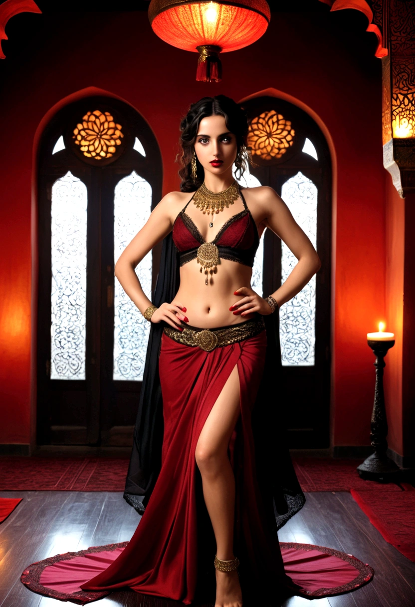 Full body shot Ana de Armas gorgeous belly dancer, ringlets wavy straight seven feet long black hair, updo hairstyle with ponytail on one side and bun long braid, strong thighs, dark red glossy lips, heavy black eye shadow long black eyeliner, long sharp red nails, black lace beautiful and provocative belly dancer veil outfit, beautiful forehead lace ornament, posing in a feminine palace harem, happy expression, dark ambience night time candle lights. No faces on her chest!