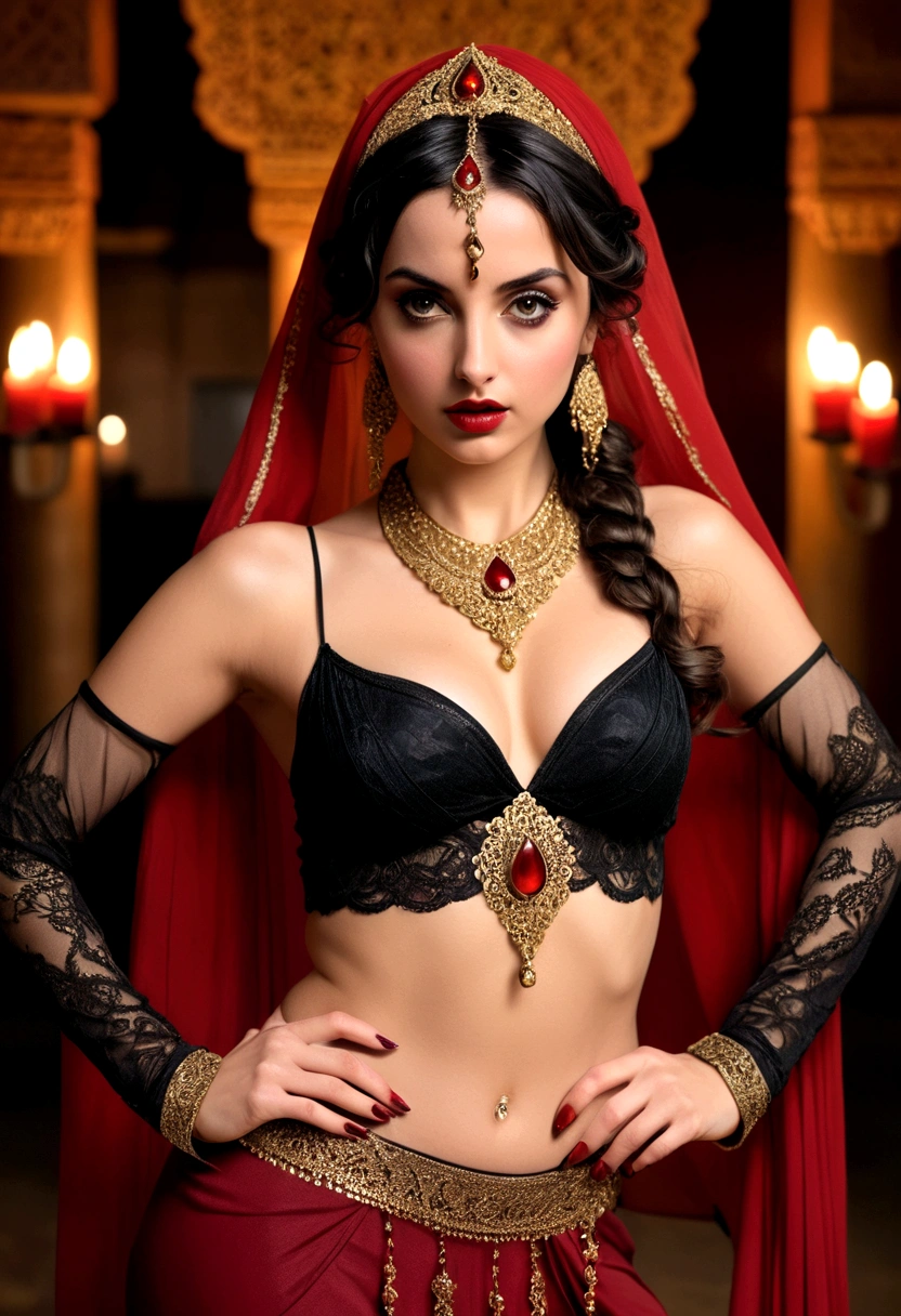 Full body shot Ana de Armas gorgeous belly dancer, ringlets wavy straight seven feet long black hair, updo hairstyle with ponytail on one side and bun long braid, strong thighs, dark red glossy lips, heavy black eye shadow long black eyeliner, long sharp red nails, black lace beautiful and provocative belly dancer veil outfit, beautiful forehead lace ornament, posing in a feminine palace harem, happy expression, dark ambience night time candle lights. No faces on her chest!