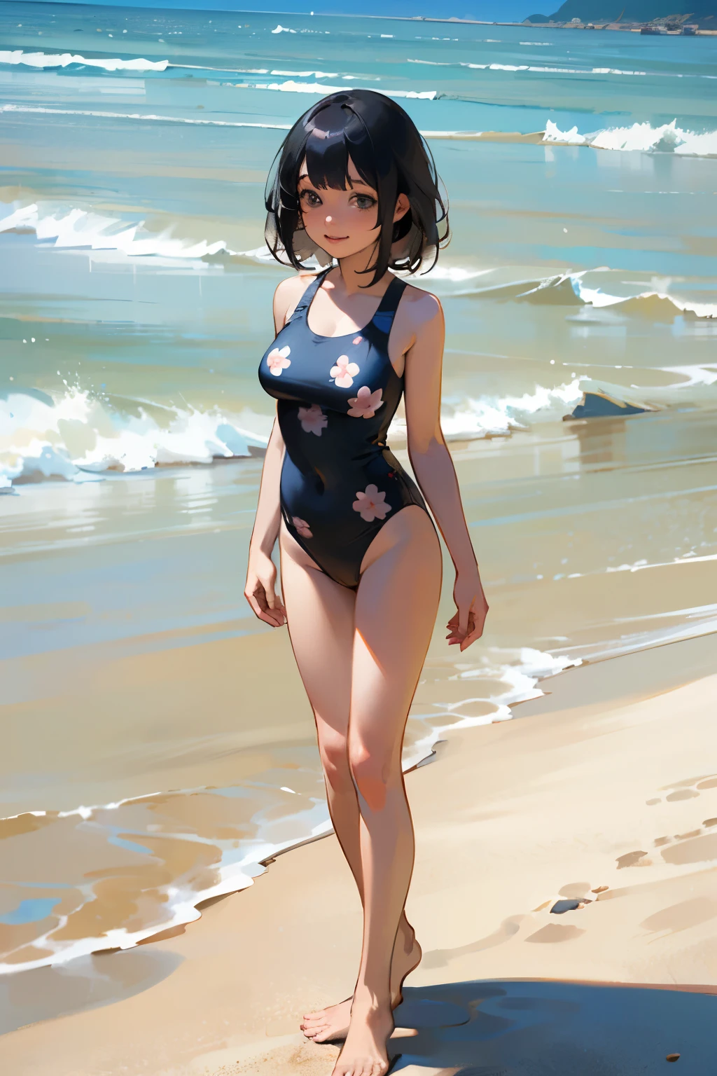 (high quality, High resolution, Very detailed, reality:1.37), Peaceful atmosphere, (Sandy Beach), age girl standing alone, (my breasts are big.), Beautiful details, Cute Smile, (Black bob hair), Floral print one piece swimsuit, barefoot.
