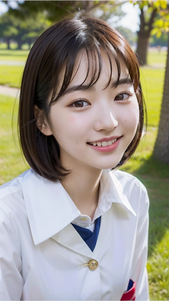 incredibly absurd, beautiful and cute 20-year-old Korean girl with a photorealistic face, showcasing top-quality craftsmanship. Her slender frame adorned with short, messy hair. The artwork high-resolution, allowing for ultra-detailed features to be captured flawlessly. The girl is wearing School Costume. The focus lies on the realistic pupils, showcasing depth and emotion. ((breasts out)) cute smile.