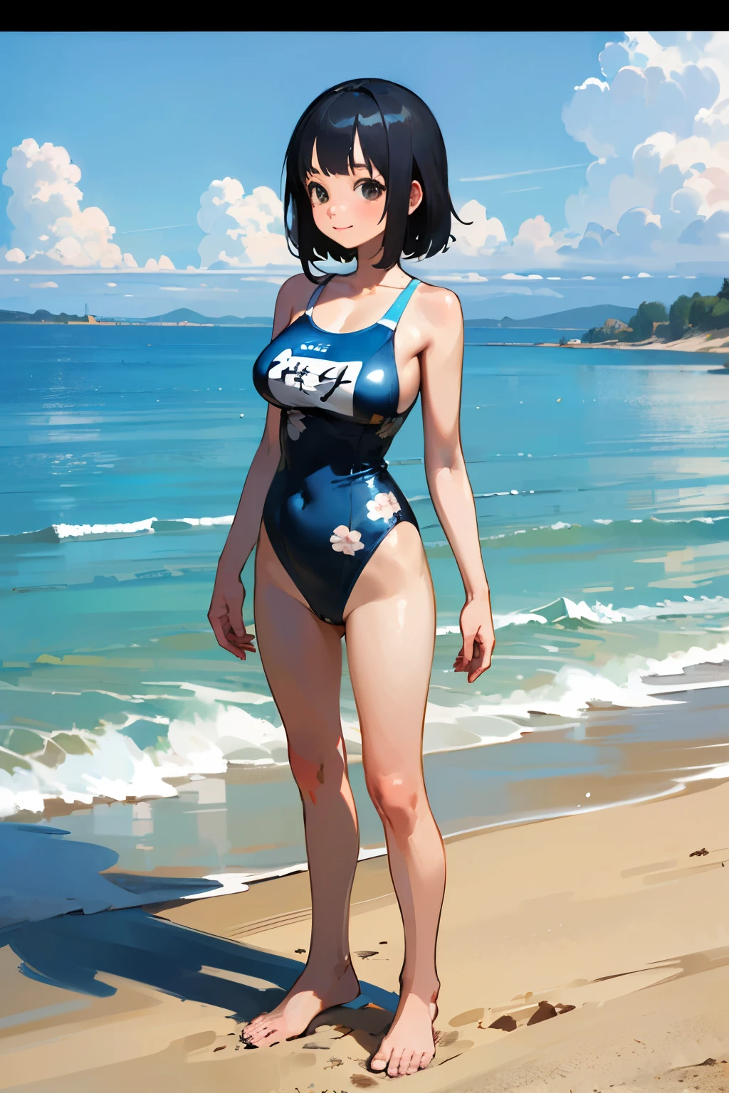 School Swimsuit,,Blushing、Black Hair、ponytail、Pale orange eyes、Head to toe full body、Blushing、Embarrassed look、Composition from the front、A view from slightly below、school swimwear、Acme Face、Random pose、, 、nsfw、Highest quality、1 girl、solo、Ocean、Sandy Beach、Sexy pose、Random pose、Blushing、Wet、Embarrassed、I can see half of my 、、One piece swimsuit、(Strap slip:1.3)、School Swimsuit
