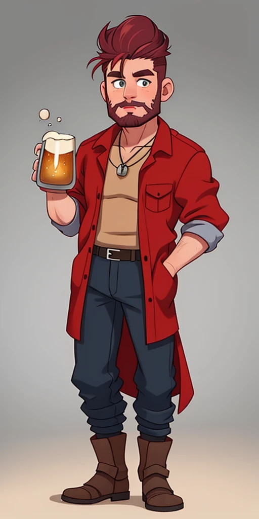  short black hair, wavy hair, tan, man, loose fitting clasp up shirt, baggy sleeves, leather boots, navy pants, piercing eyes, holding beer mug, big smile, twisted mustache, realistic anime