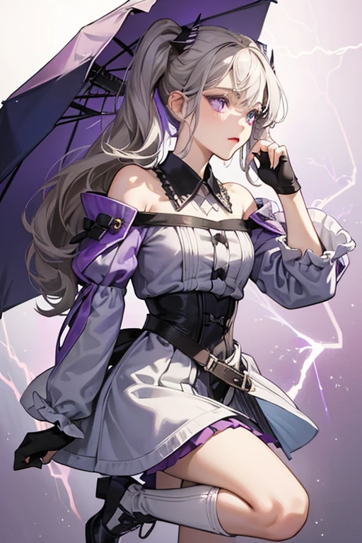 Stormy Weather had light brownish gray skin, grayish mulberry-colored lipstick, and brilliant violet eyes. Her hair was two tones with dark purple base and very pale blue bangs, while her large, pointed, low-angled pigtails were striped with dark purple and very pale blue spirals. On her face, she had jagged black face paint that surrounded her eyes and came down to her cheeks as lightning bolts.
She wore a tight, muted-color purple and blue two-piece dress that poofed into a curved bell-shape around her waist, had small shoulder puffs with a narrow-ended-tube-shaped collar, and also featured five white lightning bolt patterns that had bright purple outlines. The sleeves became white gloves with two of the lightning bolts above her elbows. She wore muted purple tights with white low heeled knee high boots that were angled at the "opening" near the calf, and two of the lightning bolts came out of the boots around the outsides of her legs near the knees (the last of the pattern was a sole lightning bolt centered squarely near her abdomen). Her weapon was a closed dark purple parasol that faded to brighter purple at the tip and had a black handle with a double spearhead at the bottom. SPARKLE; GLITTER