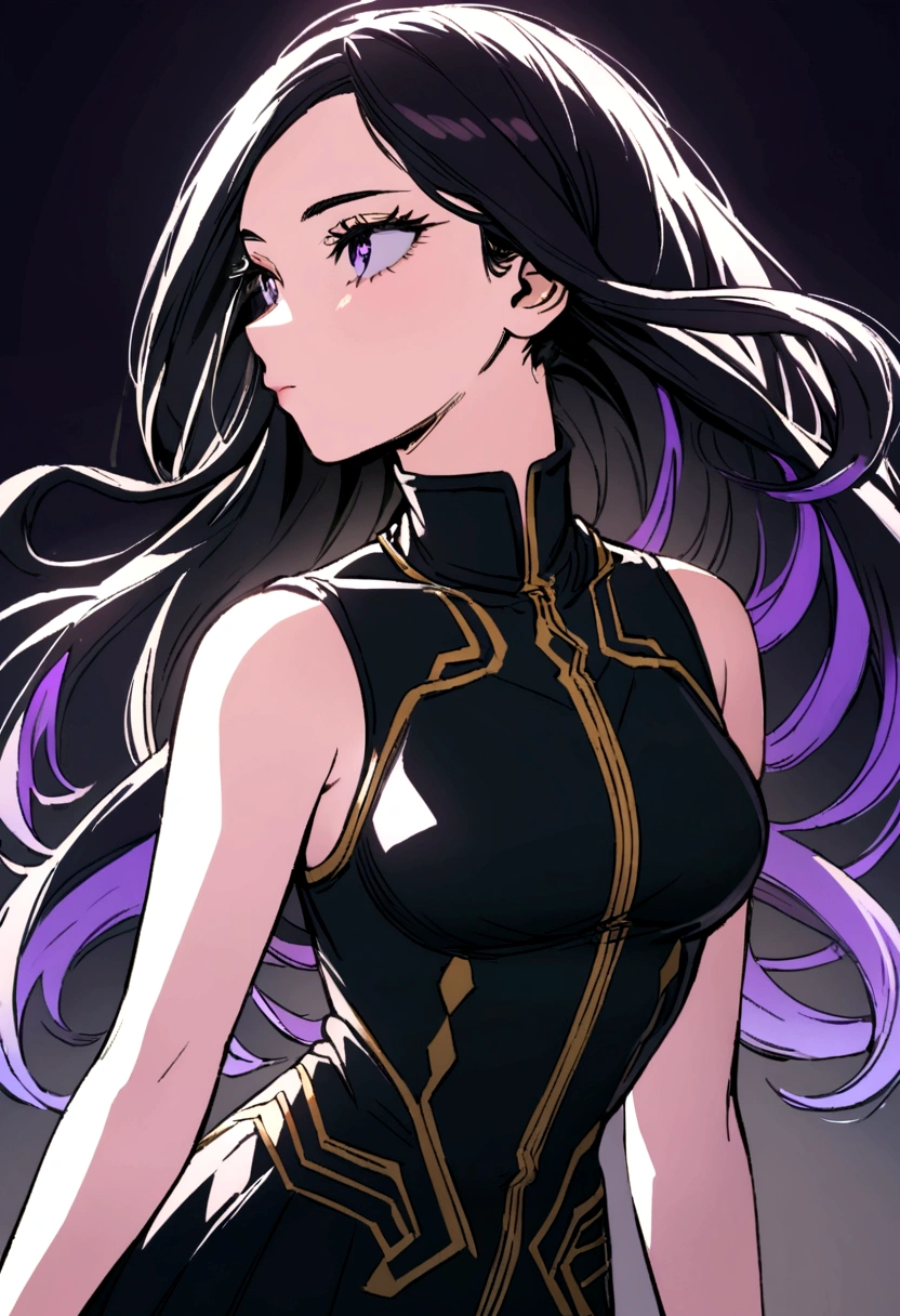 a pretty teenage girl with black hair with purple tips and loose hair bangs, with an all-black sleeveless and high-necked suit MY HERO ACADEMIA STYLE