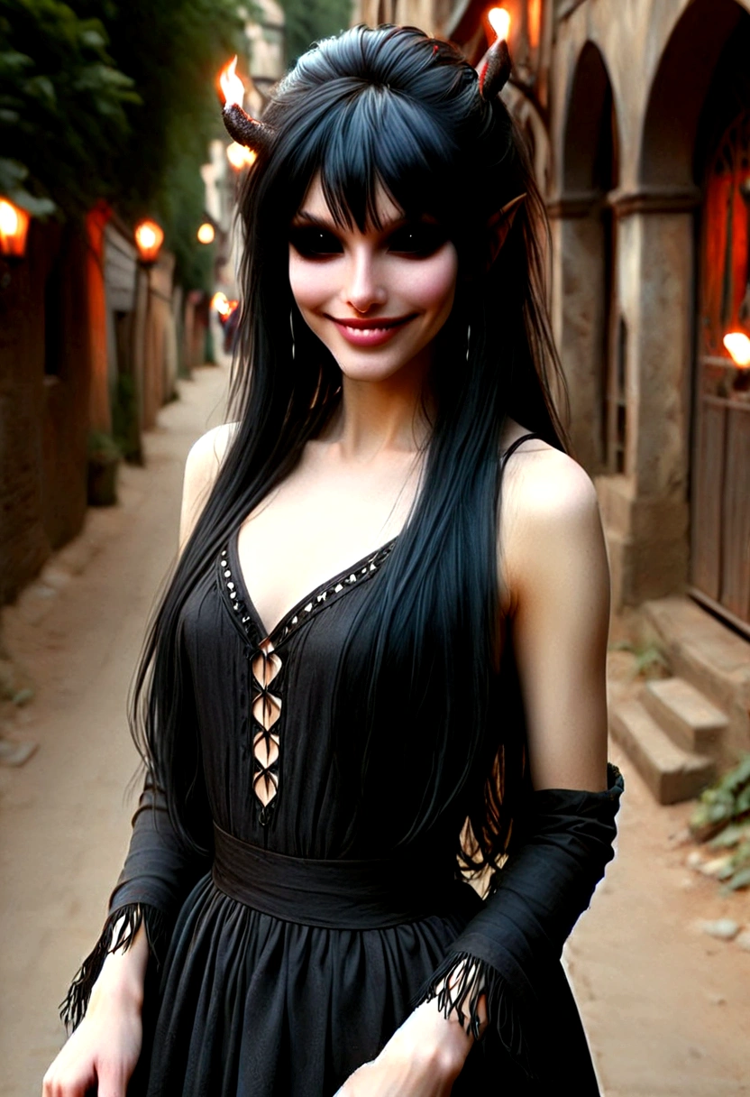 A lithe beautiful goth woman with long black hair (fringe haircut), (mature face:1.4), brass eyes, smiling sweetly, wearing a dark red elegant dress, empty candle-lit medieval street background